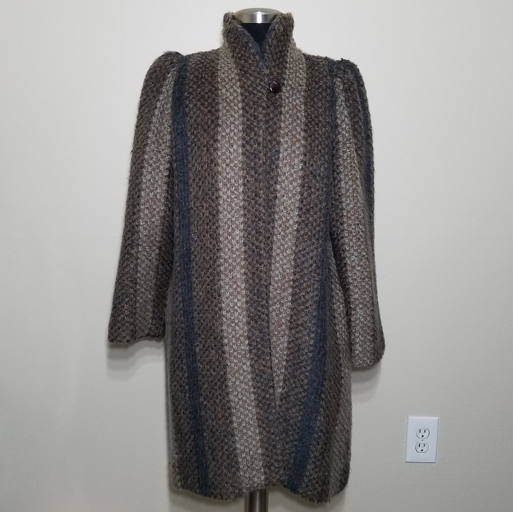 80's Retro Coat Popcorn Fuzzy Stripe Puff Sleeve S